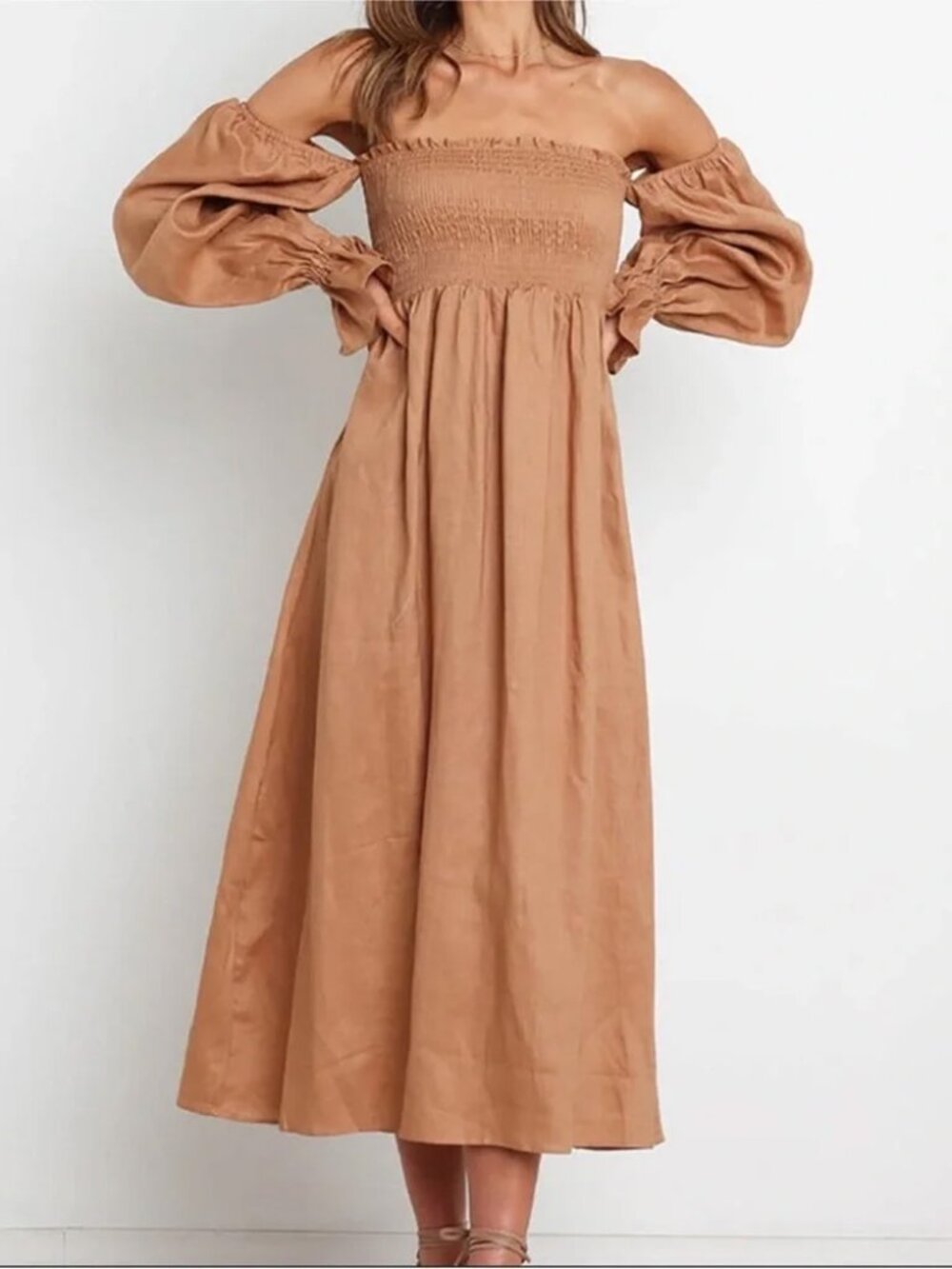 Petal & Pup Domenica 100% Linen Smocked Midi Dress Size 12 Tan Boho Off Shoulder